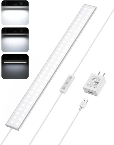 Miniatura 12 de ASOKO Iluminación LED para debajo del gabinete, barra de tira de luz de 12 pulgadas, luz blanca fría 6000 K regulable con enchufe USB, pequeña