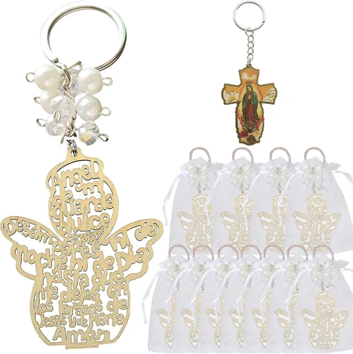 Llavero de ángel de bautismo hecho de madera (12 piezas) /recuerdos de comunión para niño o niña recuerdos de bautizo con bolsas de organza