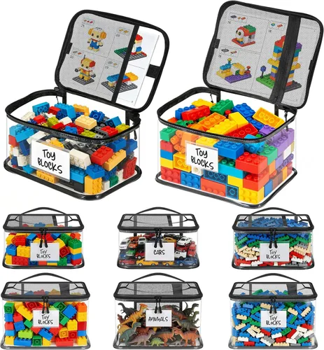 Paquete de 6 bolsas grandes de almacenamiento de juguetes, organizador de juguetes transparente con etiquetas, organización de juguetes de PVC