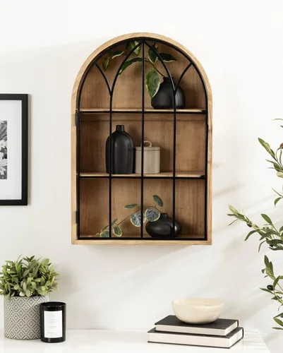 Miniatura 5 de Kate and Laurel Megara - Gabinete decorativo de pared colgante con arco de madera con puerta para almacenamiento abierto; 16 x 5 x 24; Madera Natural