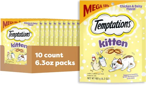 Temptations Kitten Treats - Golosinas clásicas crujientes y suaves para gatos, sabor a pollo y lácteos, bolsa de 6.3 onzas (paquete de 10)