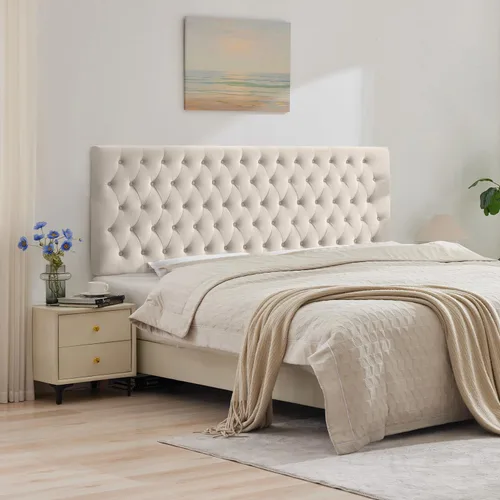 Miniatura 30 de Kingfun Cabeceras con diseño moderno de botones, cabecera de cama tapizada y acolchada de tela de lino premium, cabecera de madera maciza ajustable