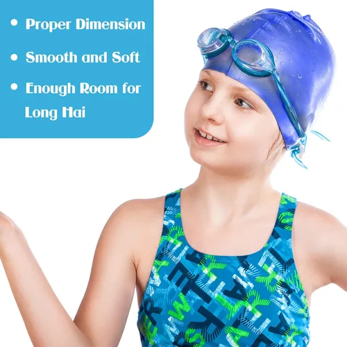 Miniatura 5 de Zhanmai 3 gorras de natación para niños de cabello largo de silicona para niñas y adolescentes con trenzas de pelo largo y rizado, rastas grandes