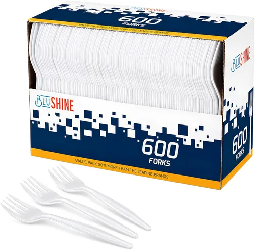 BluShine Paquete de 600 tenedores de plástico blanco, tenedores desechables para catering, oficinas y restaurantes, cubiertos de plástico a granel,
