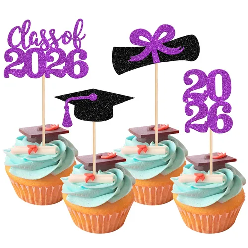 Miniatura 21 de 36 piezas con purpurina 2026 temática de graduación 2026 para cupcakes, diploma de clase de 2026, para graduación de 2026, suministros de decoración
