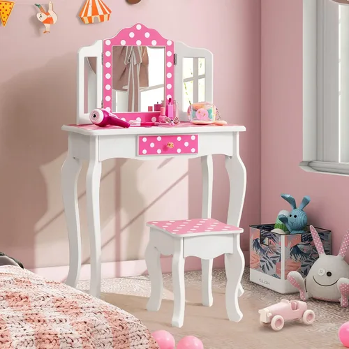 Miniatura 10 de Costzon Juego de tocador para niños con espejo, tocador de maquillaje de princesa 2 en 1 con parte superior desmontable, tocador para niñas pequeñas