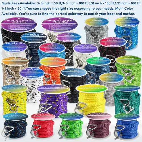Miniatura 7 de Cuerda de anclaje premium de 50 pies x 1/2 pulgadas, línea de anclaje trenzada sólida MFP para barco con dedal y grillete - Negro