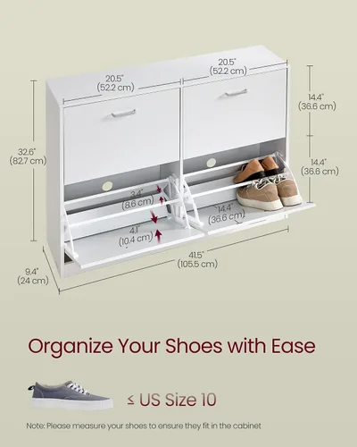Miniatura 2 de VASAGLE Gabinete de zapatos con 4 puertas abatibles, armario de almacenamiento para 16-28 pares de zapatos, divisores ajustables, para entrada, 9.4