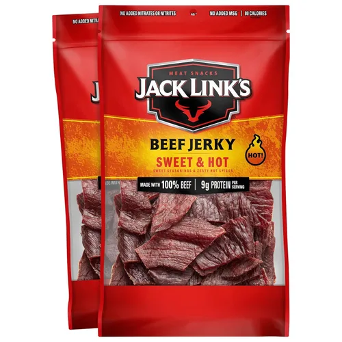 Jack Link's Carne Seca de Res, Dulce y Picante, Bolsas Grandes de Cecina - Aperitivos de Carne Sabrosos, Aperitivos de Proteína Listos para Comer,
