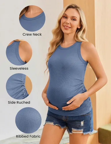 Miniatura 4 de Ekouaer Camisetas sin mangas de maternidad, paquete de 3 camisetas acanaladas para embarazo, cuello redondo, ropa de mamá fruncida, tallas S-XXL