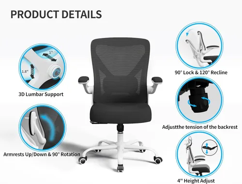 Miniatura 7 de Silla de oficina ergonómica, sillas de escritorio para computadora cómodas, silla de juegos de respaldo alto de malla con soporte lumbar ajustable