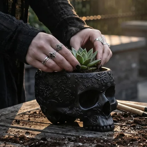Miniatura 7 de Maceta de calavera negra de 6 pulgadas, maceta con cabeza de esqueleto para suculentas, flores y plato de tazón, decoración gótica para jardín