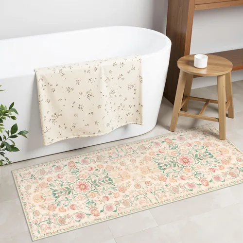 Miniatura 14 de Uphome Alfombra de baño bohemia con diseño floral beige, ultra suave, antideslizante, vintage, lavable a máquina, alfombra de baño floral para baño