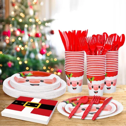 Miniatura 4 de Whaline Juego de vajilla de fiesta de Navidad de 125 piezas, platos de papel de Papá Noel de 7 y 9 pulgadas, 6.5 pulgadas, cinturones de Papá Noel