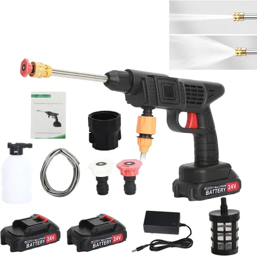 Miniatura 8 de Lavadora a presión inalámbrica, lavadora a batería de 500 PSI con 2 baterías recargables y boquilla 6 en 1, lavadora a presión portátil de 21 V