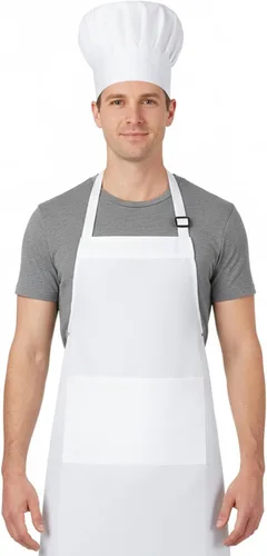 Tucnoeu Sombrero de chef blanco y delantal para hombres y mujeres, disfraz de chef con 2 bolsillos, disfraz de chef para adultos para cocina