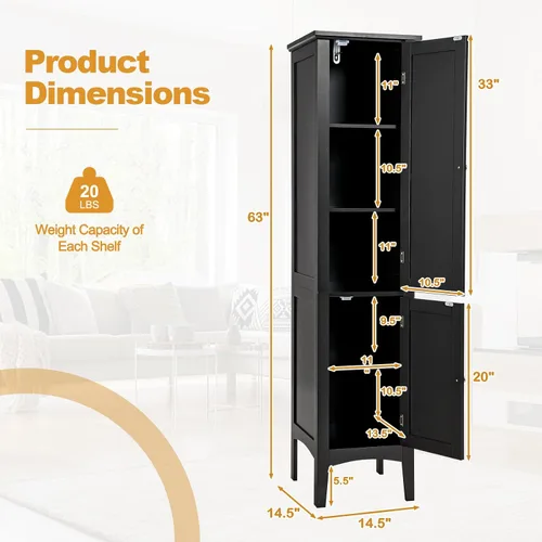 Miniatura 3 de COSTWAY Armario Alto de Almacenamiento para Baño, Gabinete de Torre de Lino Independiente de 5 Niveles con 2 Puertas, Organizador de Almacenamiento
