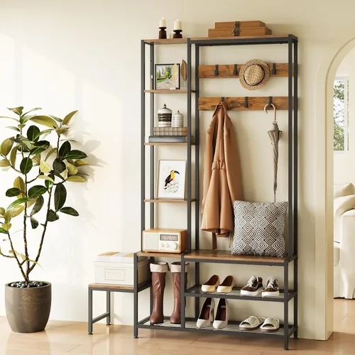 Miniatura 6 de Espelism Árbol de pasillo con banco de almacenamiento de zapatos, perchero con 7 ganchos intercambiables de 4 niveles, estantes de almacenamiento