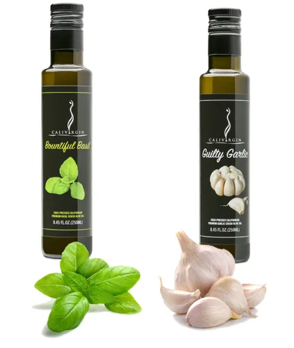 Calivirgin Bountiful Aceites de oliva triturados con sabor a albahaca y ajo culpable, sabor fresco 100% natural, sin aditivos ni conservantes,