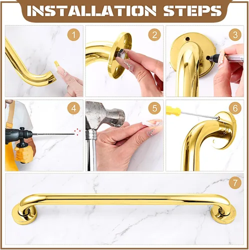 Miniatura 4 de Tatuo Paquete de 4 barras de agarre para bañeras, acero inoxidable 304, pasamanos de seguridad para baño, asas antideslizantes, barras de agarre Oro