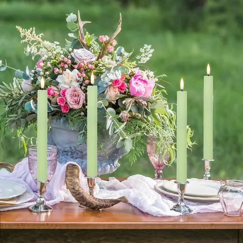 Miniatura 6 de Velas cónicas parpadeantes verdes sin llama que funcionan con pilas con control remoto de 10 teclas y temporizador, 6 paquetes de velas LED de cera