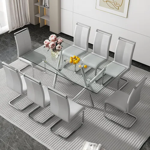 Miniatura 11 de Juego de 8 mesas de comedor de cristal, moderno juego de mesa de comedor de 71 pulgadas con 8 sillas de comedor tapizadas de piel sintética