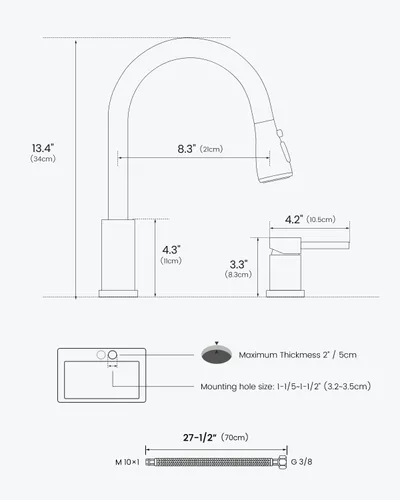 Miniatura 7 de APPASO - Grifo de cocina de 2 agujeros, grifo de cocina negro mate con rociador extraíble de 3 modos, grifo de cocina de arco alto con manija