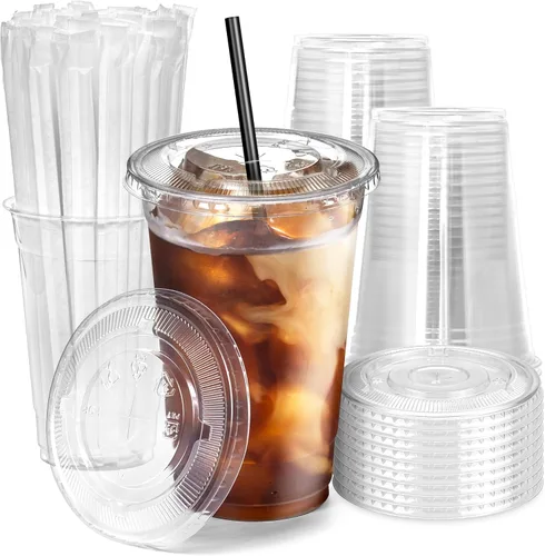 Miniatura 7 de Fit Meal Prep Paquete de 100 Vasos de Plástico para Café Helado de 12 oz con Tapas Planas y Pajitas Negras, Vaso Transparente Desechable, Vaso Libre