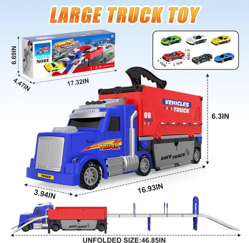 Miniatura 6 de SpringFlower - Juguetes de pista de carreras con camión portaequipajes, juguetes para niños de 3, 4, 5, 6 años con luces y sonidos, pista