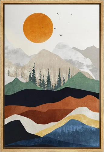 SIGNFORD Lienzo enmarcado para pared, sol naranja, cordillera, degradado, paisaje, naturaleza, desierto, ilustraciones decorativas, bohemio,
