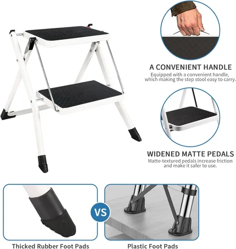 Miniatura 3 de Taburete plegable de 2 escalones con base antideslizante y pedal ancho, ligero y resistente taburete portátil de 330 libras para cocina, despensa