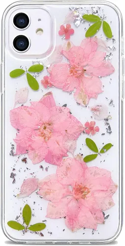 Miniatura 20 de Abbery Funda transparente para iPhone 11 con diseño de flores moradas, bonita funda protectora de silicona suave TPU real seca prensada floral