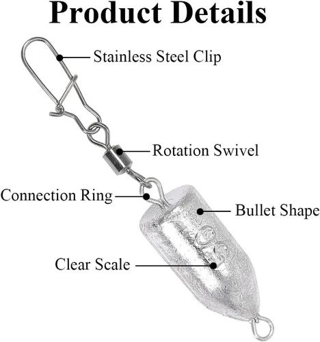 Miniatura 6 de SagaSave 5PCS Pesca Peso aerodinámico forma bala con anillos de conexión de acero inoxidable para pesca de mar, pesca en hielo