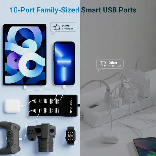 Miniatura 5 de Bloque de cargador USB de 10 puertos - 100W6A4C Hub de puerto USB múltiple para iPhone/iPad/Samsung Galaxy Note Tablet Android Smartphone Negro