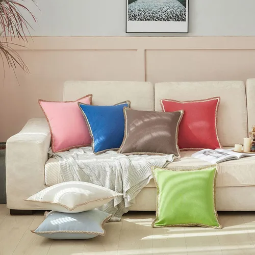 Miniatura 4 de FY FIBER HOUSE Paquete de 2 fundas de almohada decorativas de granja, lino sintético de arpillera con bordes a medida, fundas de cojín para sofá