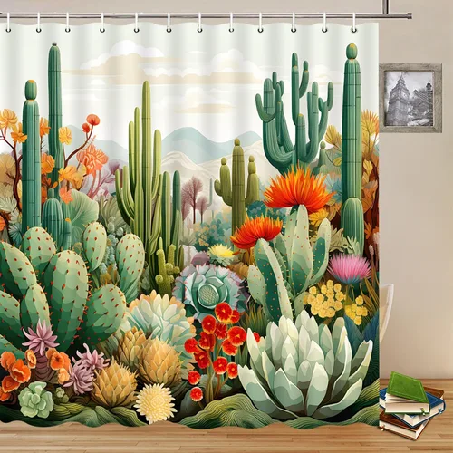 Cortinas de ducha de cactus con plantas tropicales y flores, flores suculentas, desierto, montaña, paisaje, decoración de baño, cortinas de tela de