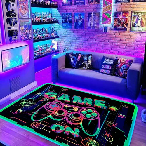 Miniatura 7 de Alfombra de área de juegos con luz negra para decoración de dormitorio, alfombra estampada de juegos, alfombra gamer que brilla en la luz negra