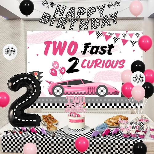 Miniatura 2 de Sursurprise Dos decoraciones de cumpleaños rápidas para niña, dos fondos de fondo curiosos de Fast 2 para decoración de tartas, pancarta de auto