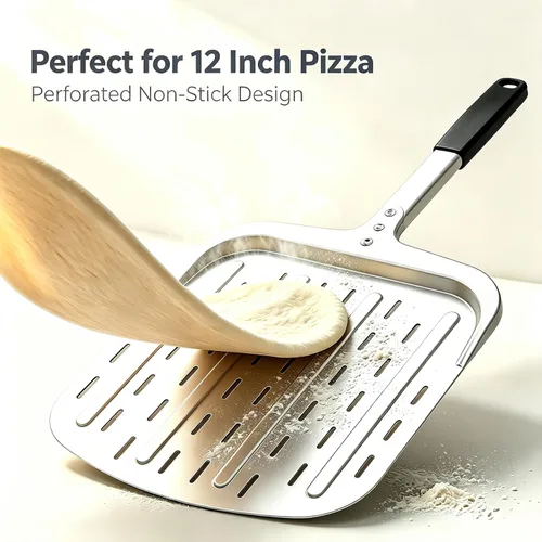 Miniatura 3 de Pala de pizza de 12 pulgadas, pala grande de aluminio para pizza con mango ergonómico largo y superficie antiadherente perforada, accesorios
