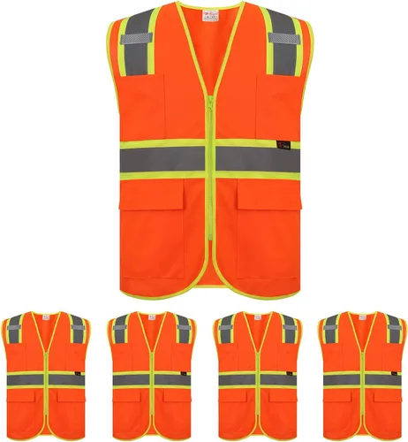 zojo Chalecos de seguridad de alta visibilidad con cremallera y bolsillos, 5 paquetes, chaleco reflectante al por mayor para trabajos al aire libre,