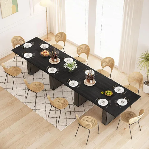 Miniatura 8 de QHITTY mesa de comedor acanalada de 78 pulgadas de madera para 6 a 10 personas, mesa larga rectangular de estilo campestre con base de tiras