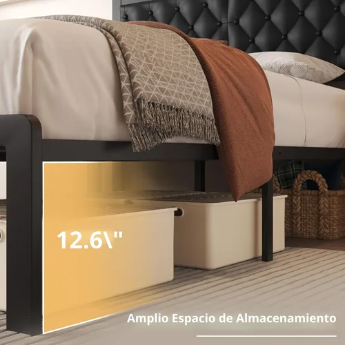 Miniatura 5 de Base de cama Fluest tamaño Queen con cabecero, base de cama tapizada en cuero PU, plataforma con soporte de listones metálicos, base de cama