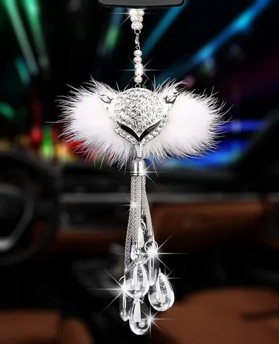 Miniatura 8 de Glamorosa decoración colgante de espejo de coche con cabeza de zorro azul oscuro, adorno de automóvil con temática animal para mujeres y hombres