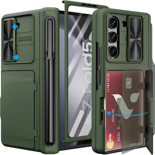 Miniatura 17 de Vihibii Funda para Samsung Galaxy Z Fold 5 con soporte para S Pen, tarjetero y cubierta de lente deslizante, protector de pantalla y protección