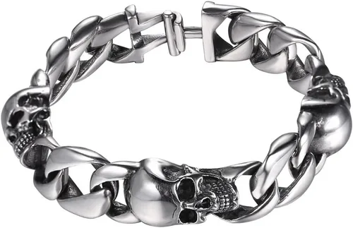 Miniatura 15 de U7 Pulseras góticas de calavera para hombres y mujeres, acero inoxidable, chapado en oro de 18 quilates, plata, negro, punk, esqueleto punk
