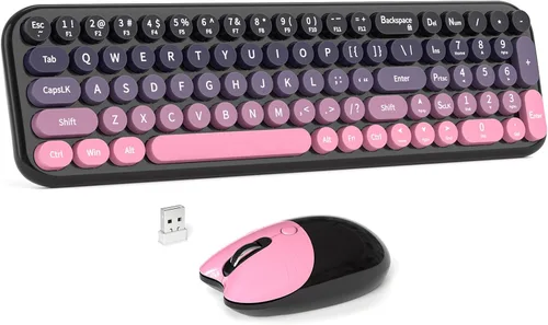 Miniatura 25 de MOWUX - Combo de teclado y mouse inalámbricos, máquina de escribir de tamaño completo, retro, redondo, lindo mouse óptico inalámbrico, Plug and Azul