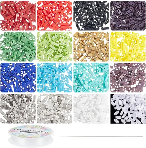 Miniatura 14 de NBEADS 455 cuentas de 2 tamaños de 2 agujeros, cuentas de semillas de vidrio rectangulares de 7 colores para hacer joyas, kit de bricolaje