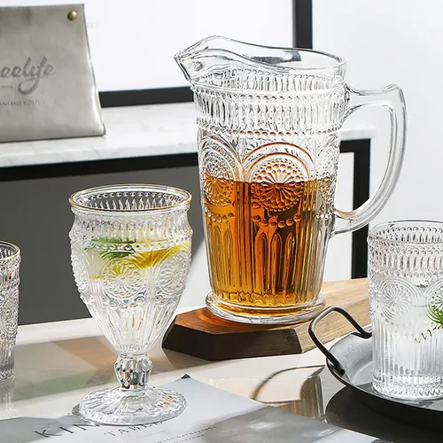 Miniatura 5 de Kingrol Jarra de vidrio de 50 onzas, jarra de agua vintage para té helado, jugo, leche, bebidas, jarra de vidrio resistente al calor para agua