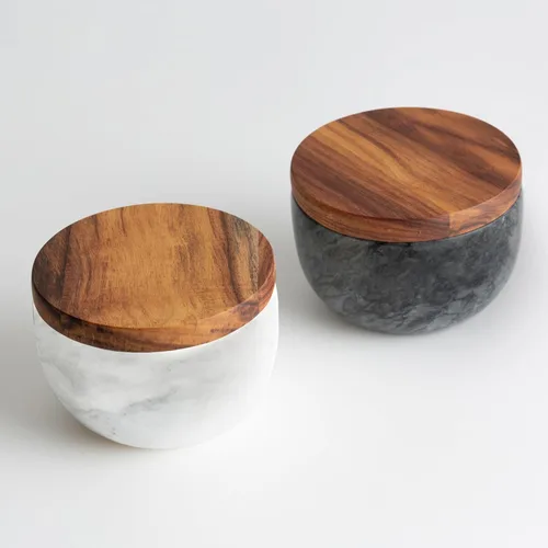 Miniatura 6 de Jalz Jalz Salero de sal con cuchara, base de mármol negro, tapa de acacia natural, cajas decorativas, recipiente para condimentos, diseño elegante