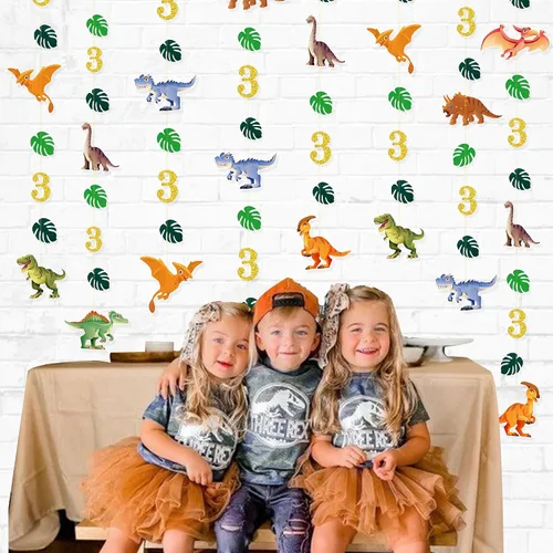 Miniatura 5 de Decoraciones de cumpleaños de dinosaurio de 52 pies para niños, pancarta de cumpleaños de tercer dinosaurio Rex, guirnalda de serpentinas, telón